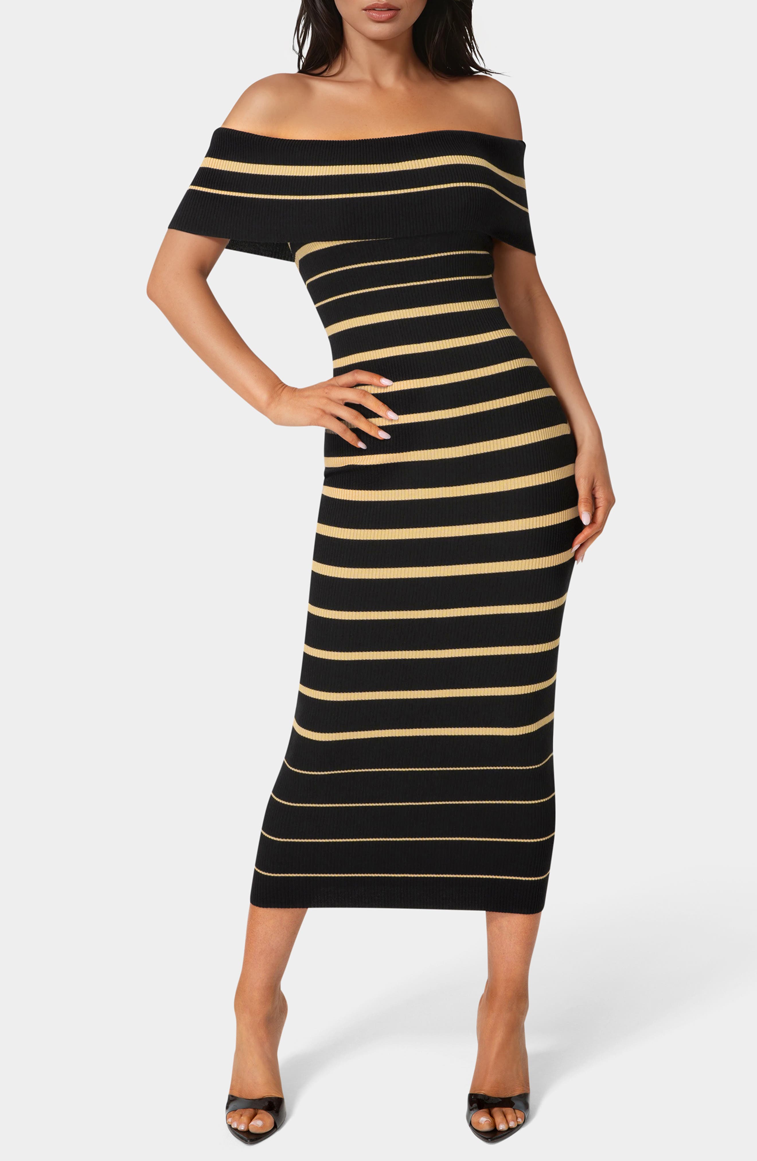 bebe Stripe Off the Shoulder Ribbed Body-Con Dress
