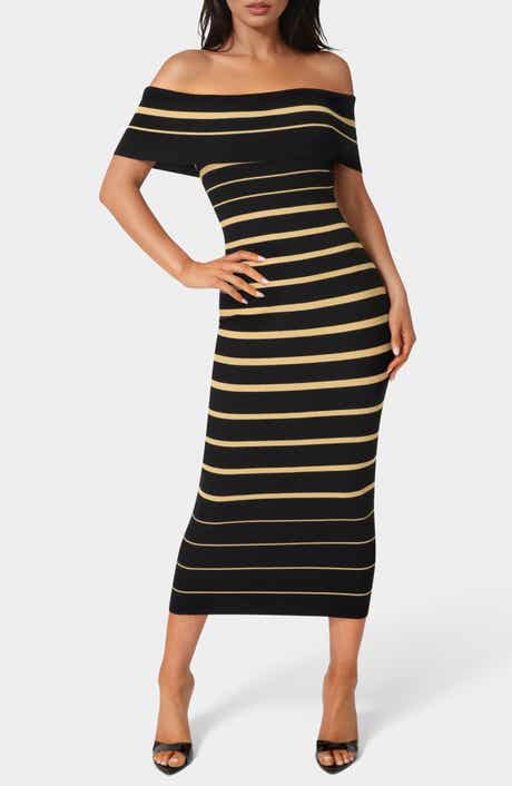 bebe Stripe Off the Shoulder Ribbed Body-Con Dress