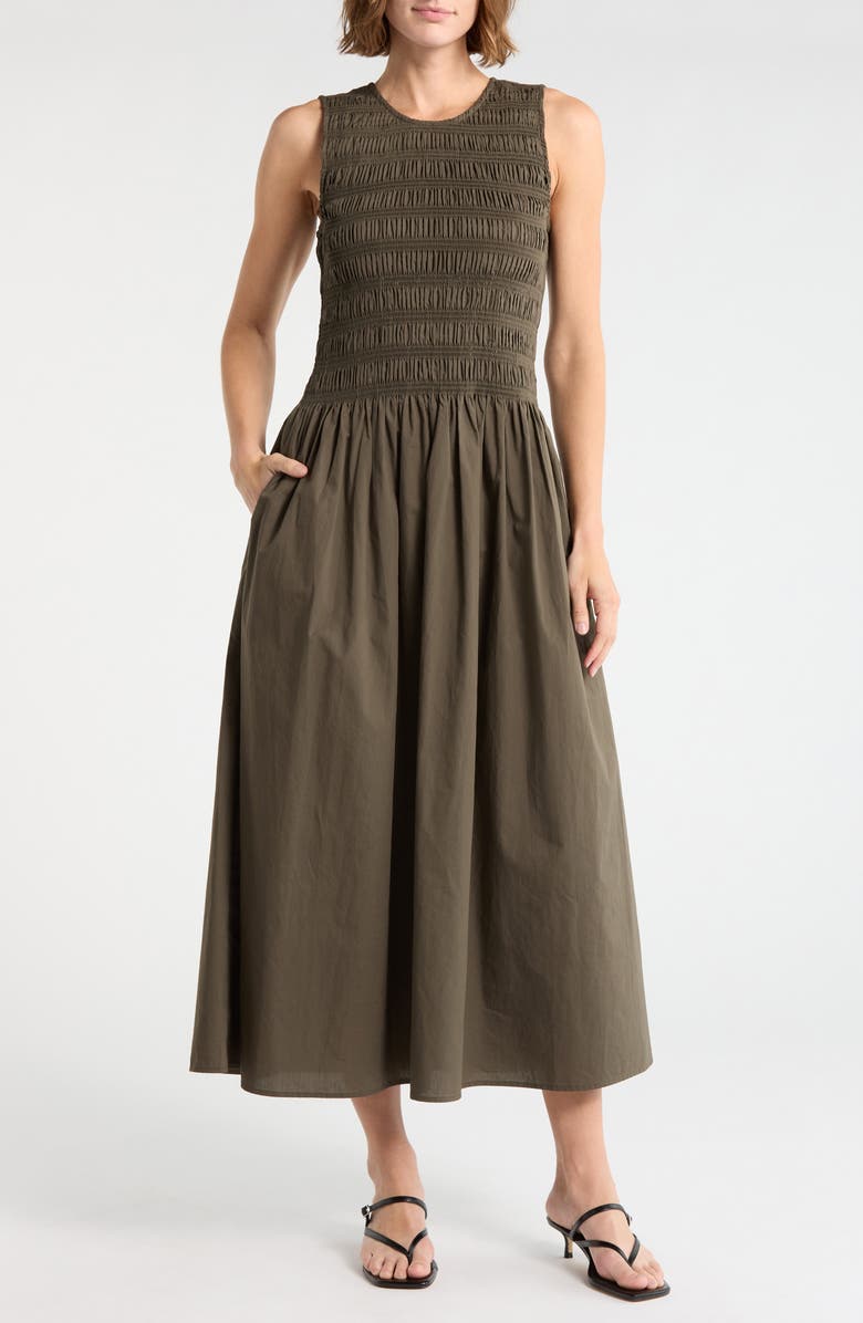 rag & bone Lane Sleeveless Smocked Cotton Maxi Dress, Main, color, Mid Olive