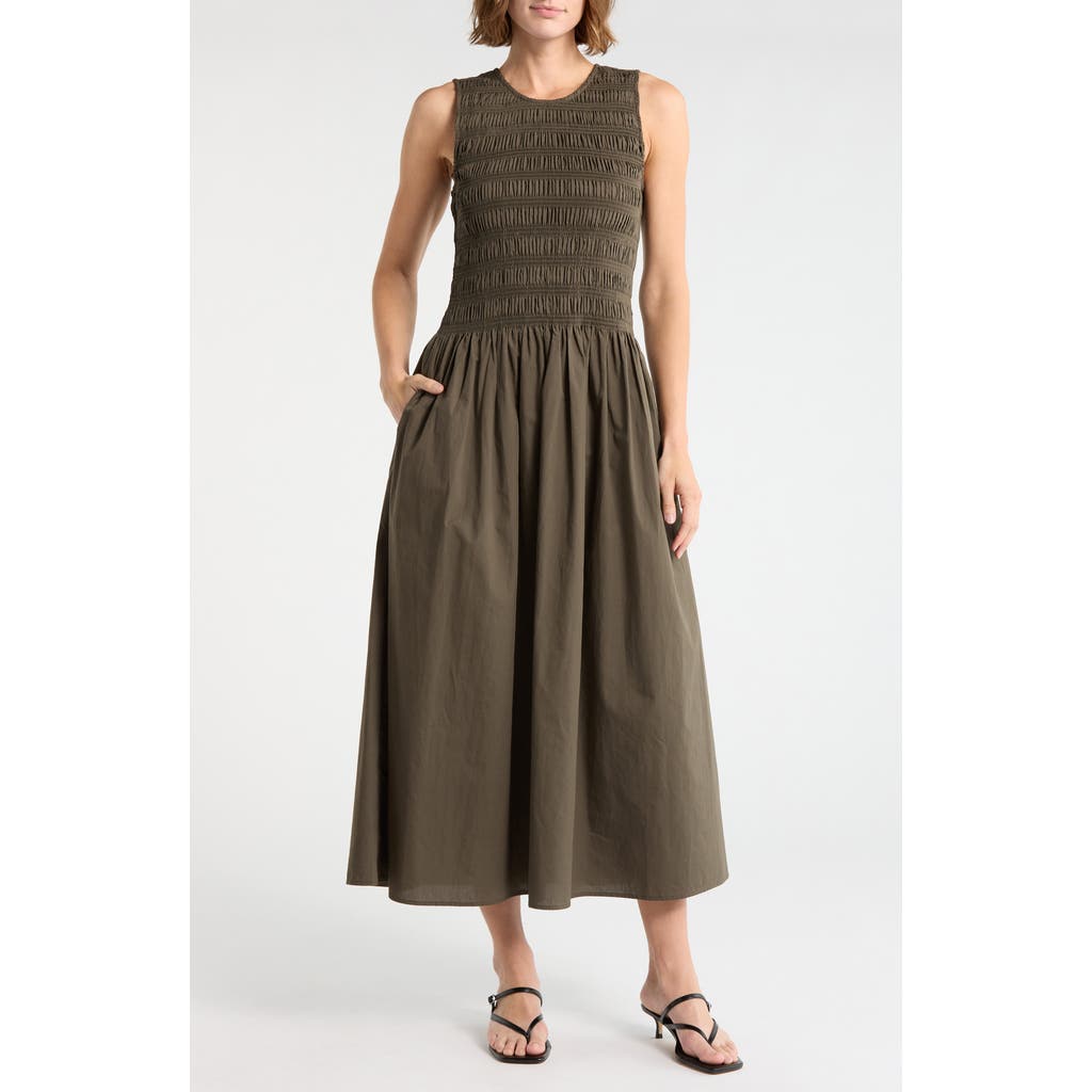 rag & bone Lane Sleeveless Smocked Cotton Maxi Dress in Mid Olive at Nordstrom Rack, Size Small