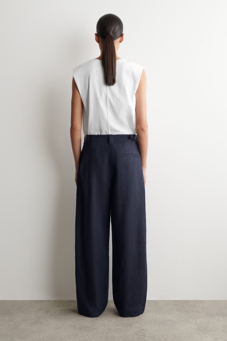 Buckle-detail Linen Balloon-leg Pants, Main, color, NAVY