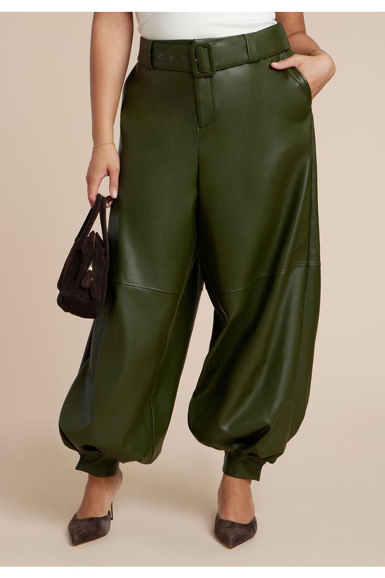 Belted Faux Leather Balloon Pant, Alternate, color, DARK FOREST GREEN