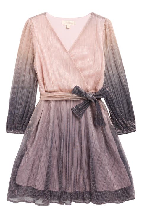 Kids' Ombré Metallic Long Sleeve Faux Wrap Dress (Big Kid)