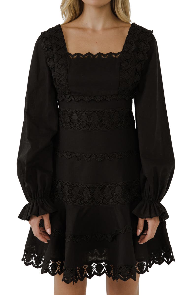 Endless Rose Lace Trim Long Sleeve Cotton & Linen Dress, Alternate, color,