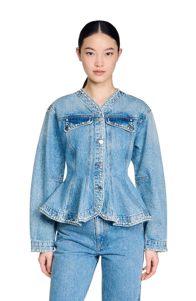 SANDRO Beaded denim jacket, Main, color, Blue Jean