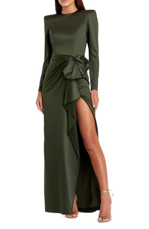 Long Sleeve Structured Bow Draped Gown