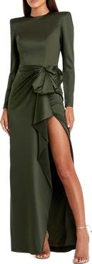 Mac Duggal Long Sleeve Structured Bow Draped Column Gown
