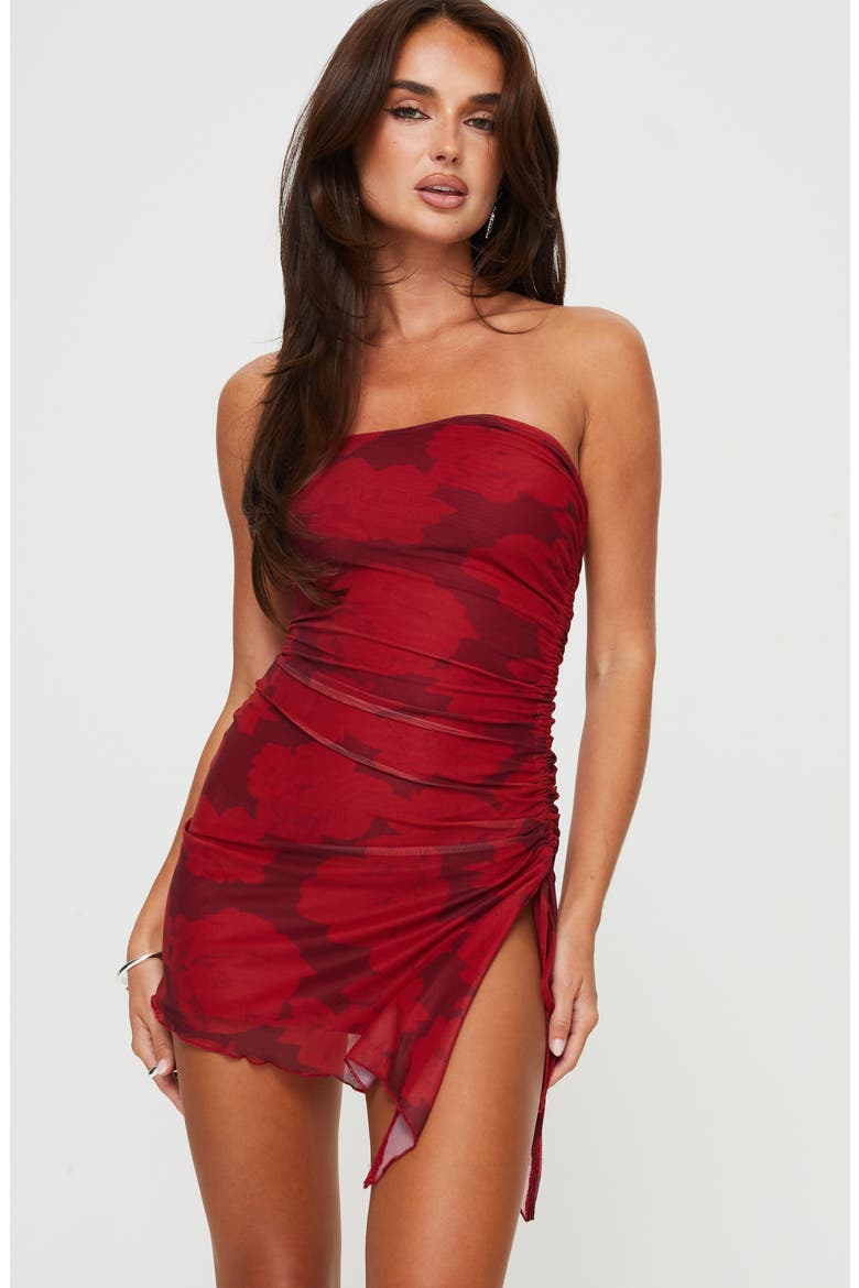 Donelli Floral Strapless Mesh Minidress, Alternate, color, DARK RED