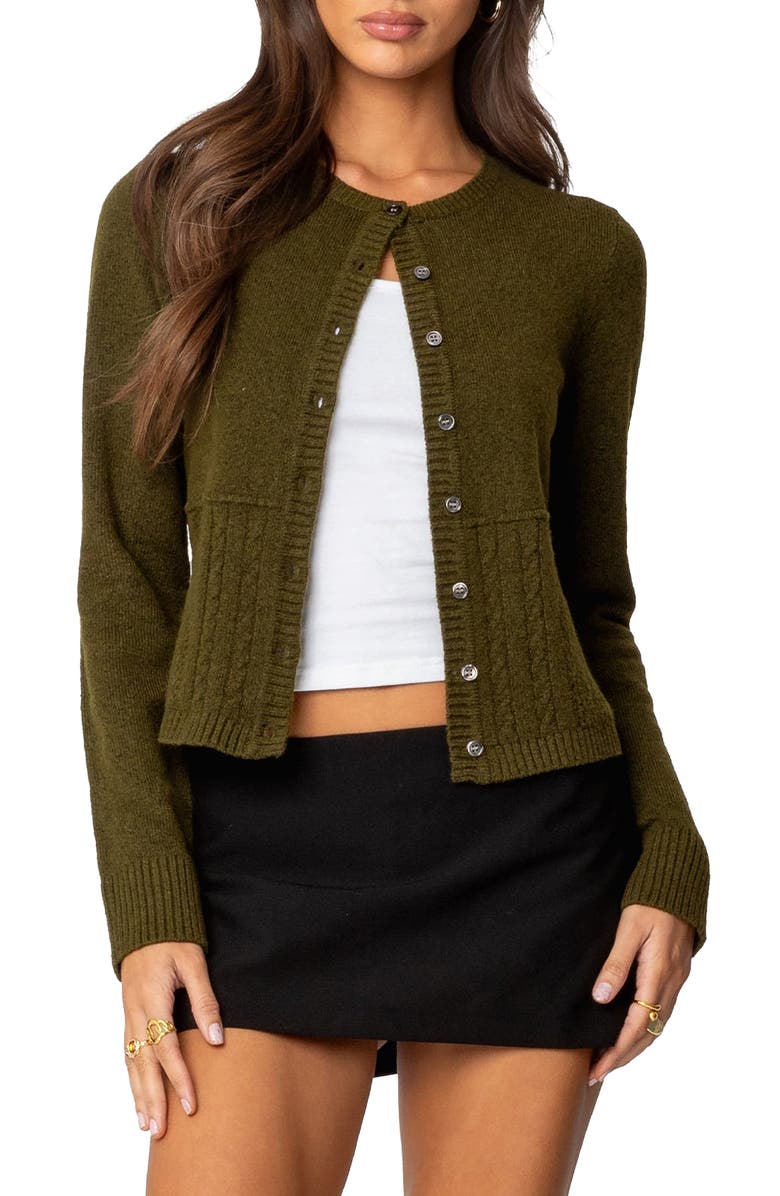 EDIKTED Half Cable Stitch Cardigan, Main, color, Olive