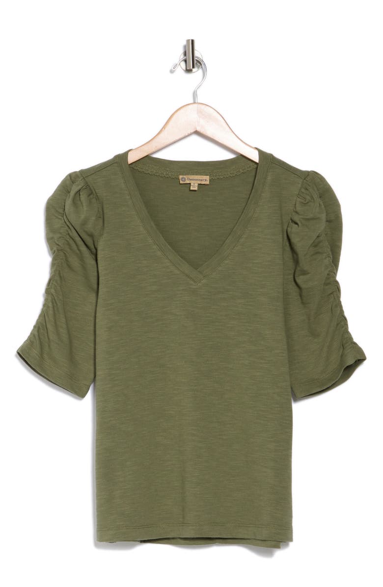 Cinched Sleeve Cotton V-Neck Top