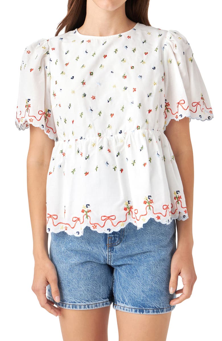 English Factory Floral Embroidered Scallop Top, Alternate, color, White