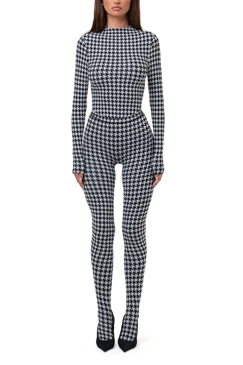 Naked Snakeskin Print Long Sleeve Bodysuit, Alternate, color, HOUNDSTOOTH BLACK/ WHITE