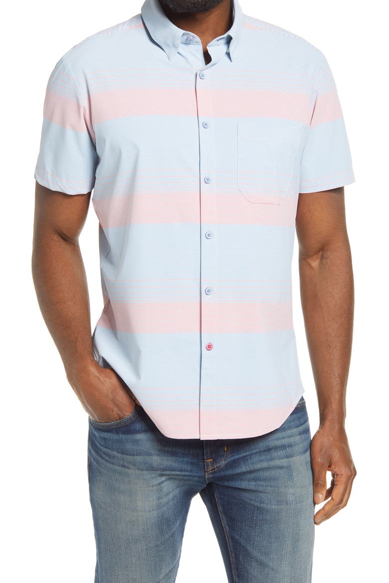 Leeward Trim Fit Stripe Short Sleeve Button-Up Performance Shirt, Main, color, BLUE RED STRIPE