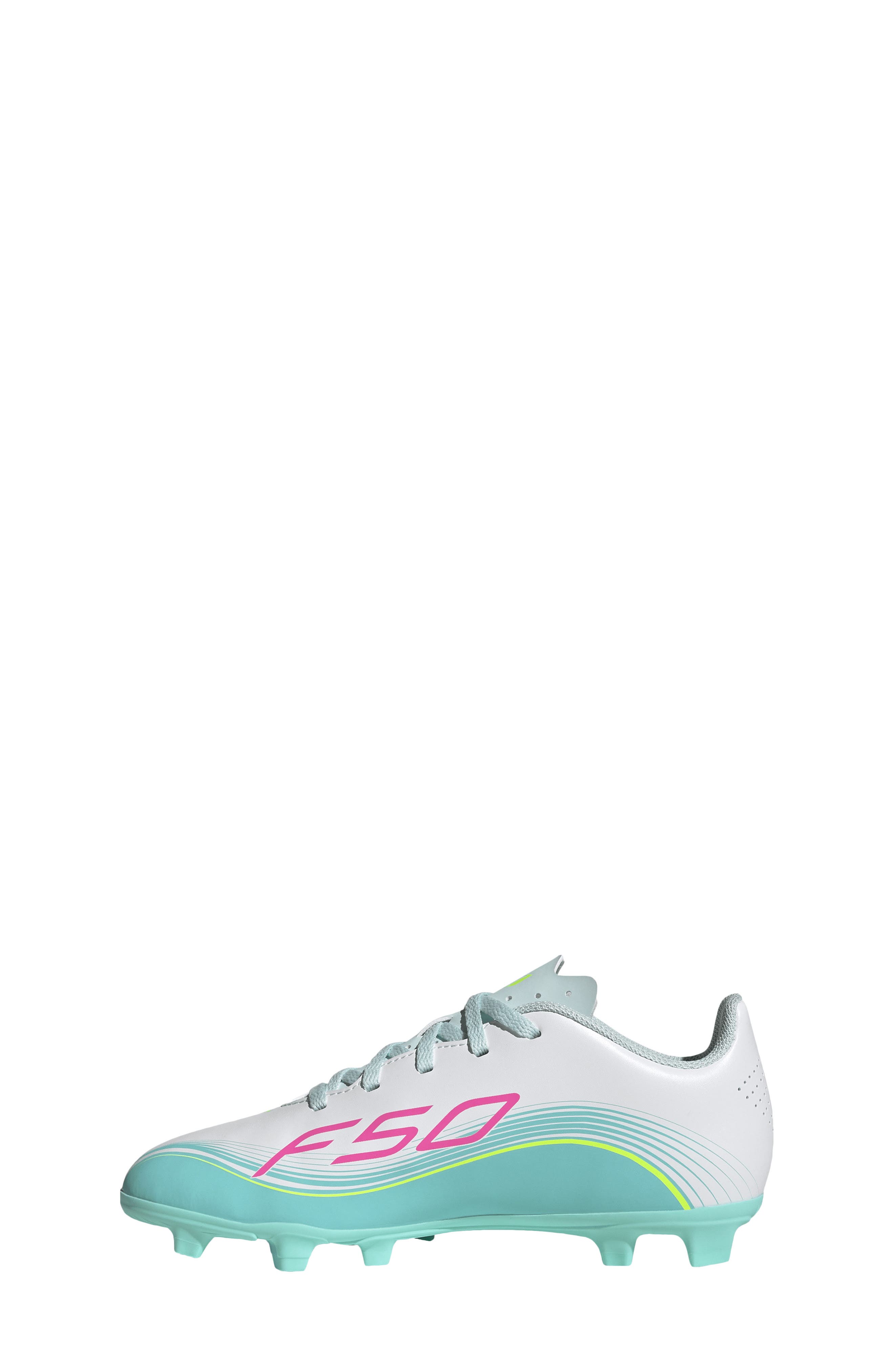 adidas Kids' F50 Messi Club Soccer Cleat, Alternate, color, White/ Lucid Pink/ Aqua