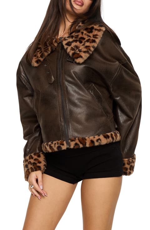 Brandyn Leopard Print Faux Fur Trim Faux Leather Jacket