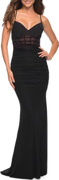La Femme Long Jersey Dress with Sheer Corset Bodice