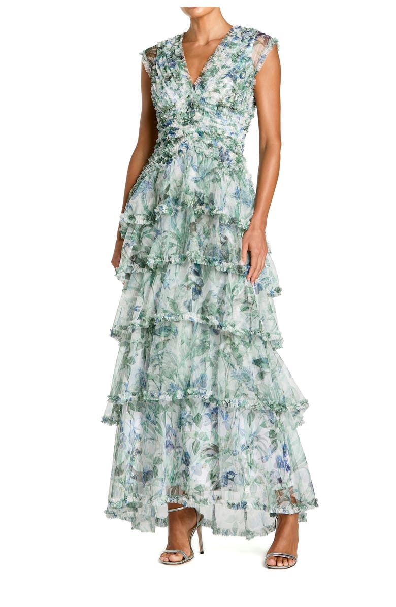 Mac Duggal Floral V Neck Tiered Ruffle Maxi Dress, Main, color, 