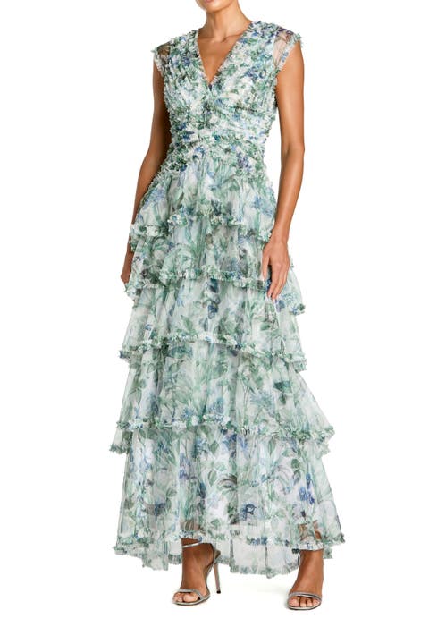 Floral V Neck Tiered Ruffle Maxi Dress