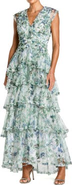 Mac Duggal Floral V Neck Tiered Ruffle Maxi Dress