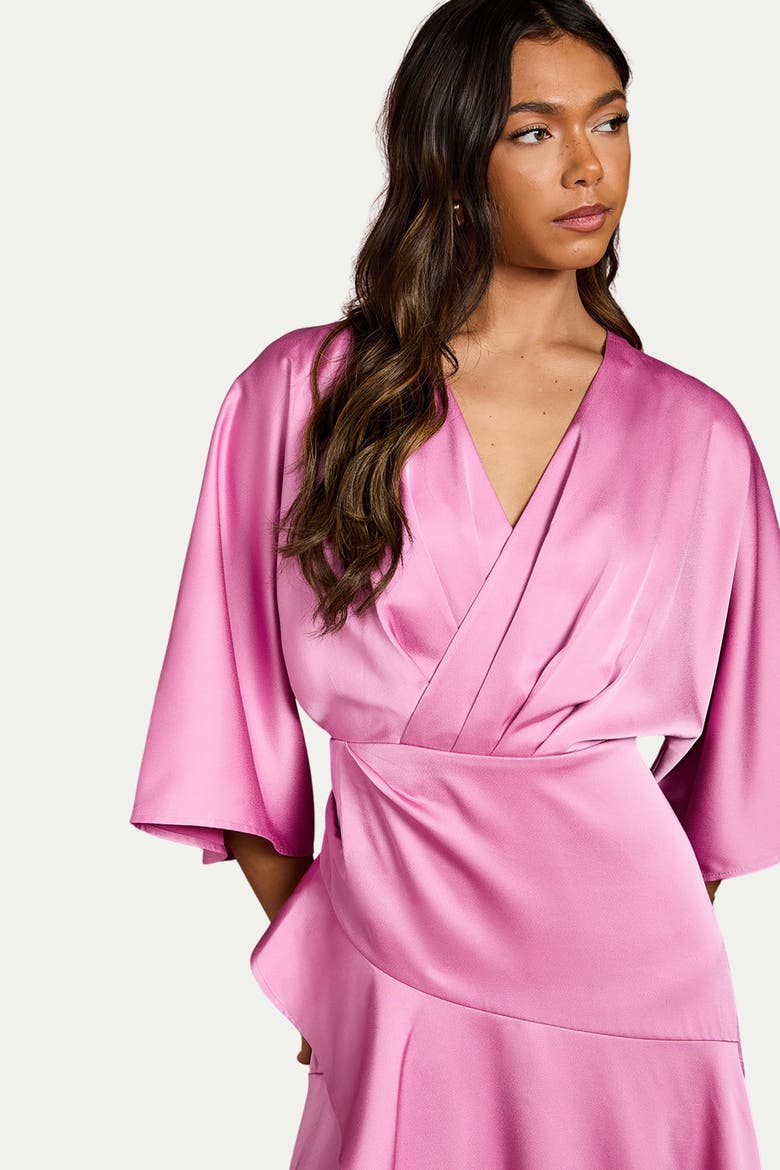 Satin Back Crepe Ruffle Wrap Midi Dress, Alternate, color, Pink