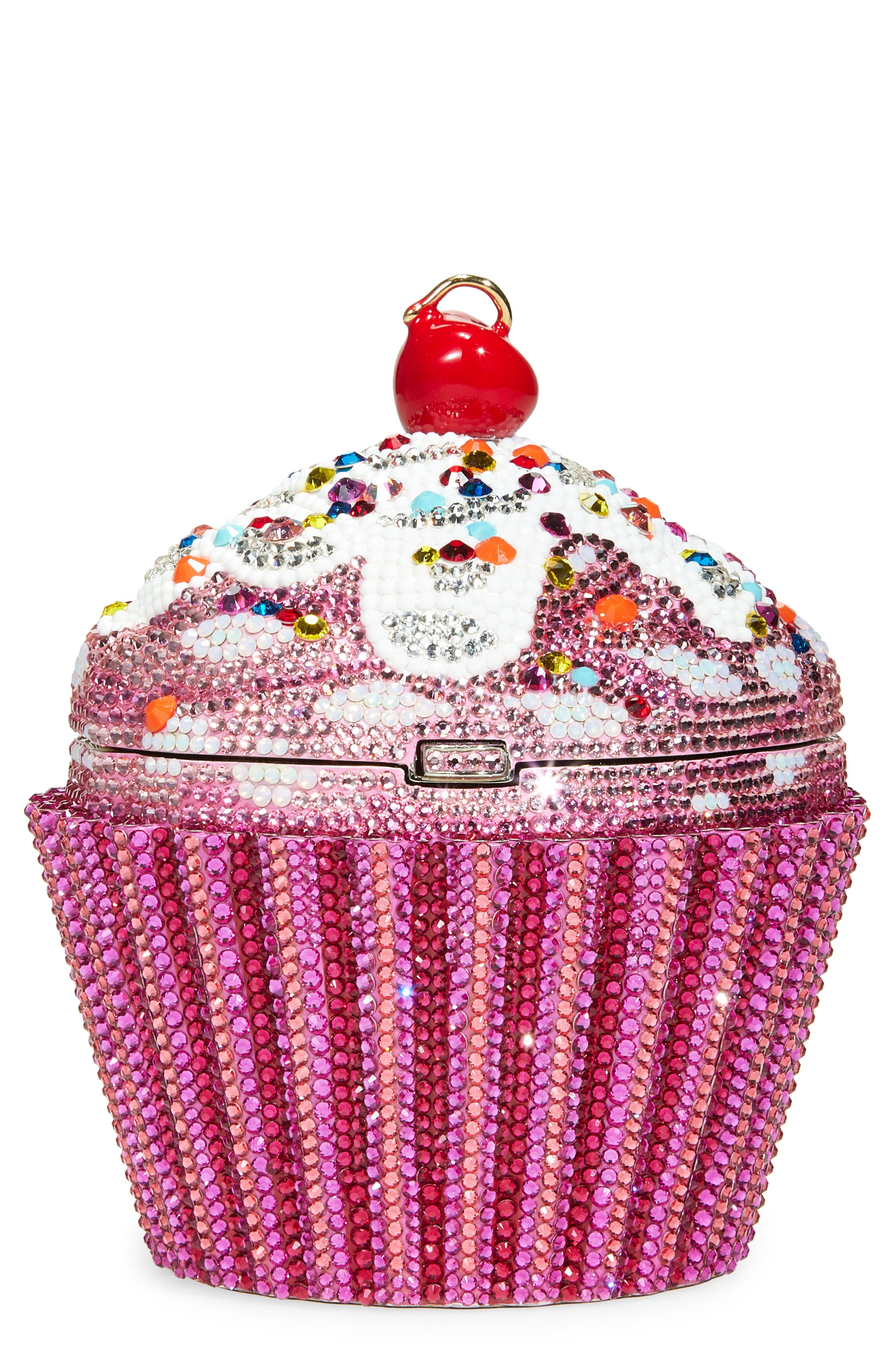 JUDITH LEIBER COUTURE Cherry Cupcake Crystal Clutch, Main, color, Silver Fuchsia Multi