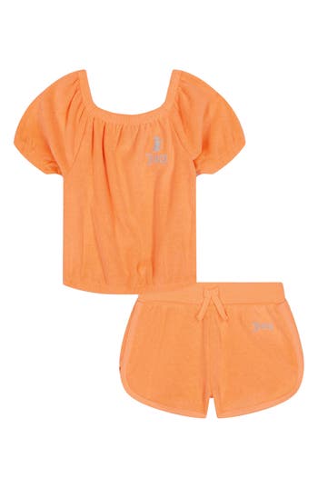 Shop Juicy Couture Kids' Puff Sleeve Terry Top & Shorts Set In Coral