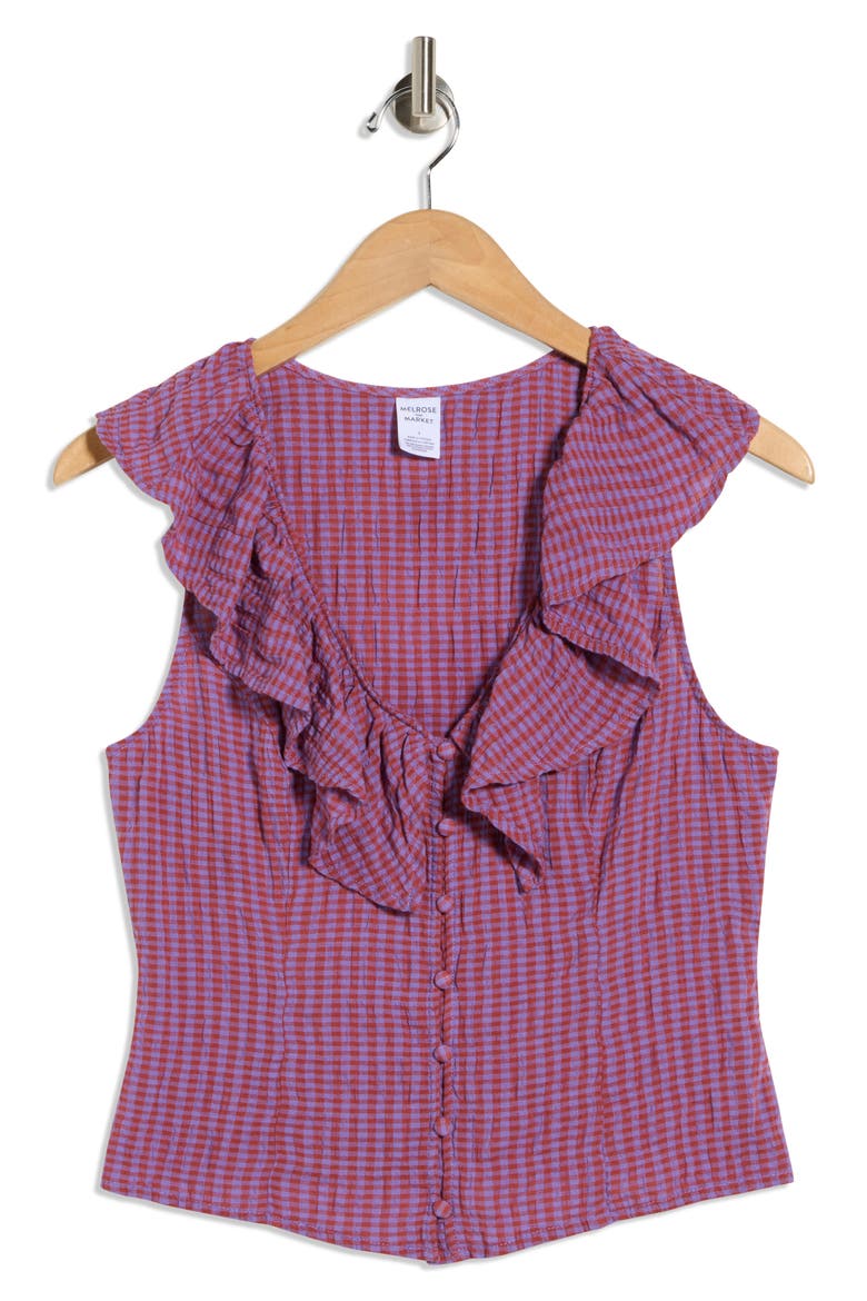 Ruffle V-Neck Sleeveless Top, Alternate, color, PURPLE- RUST MINI GINGHAM