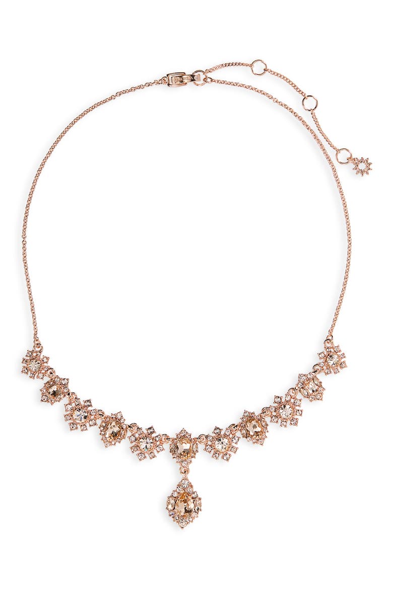 Crystal Halo Frontal Y-Necklace, Main, color, ROSE GOLD/ SILK