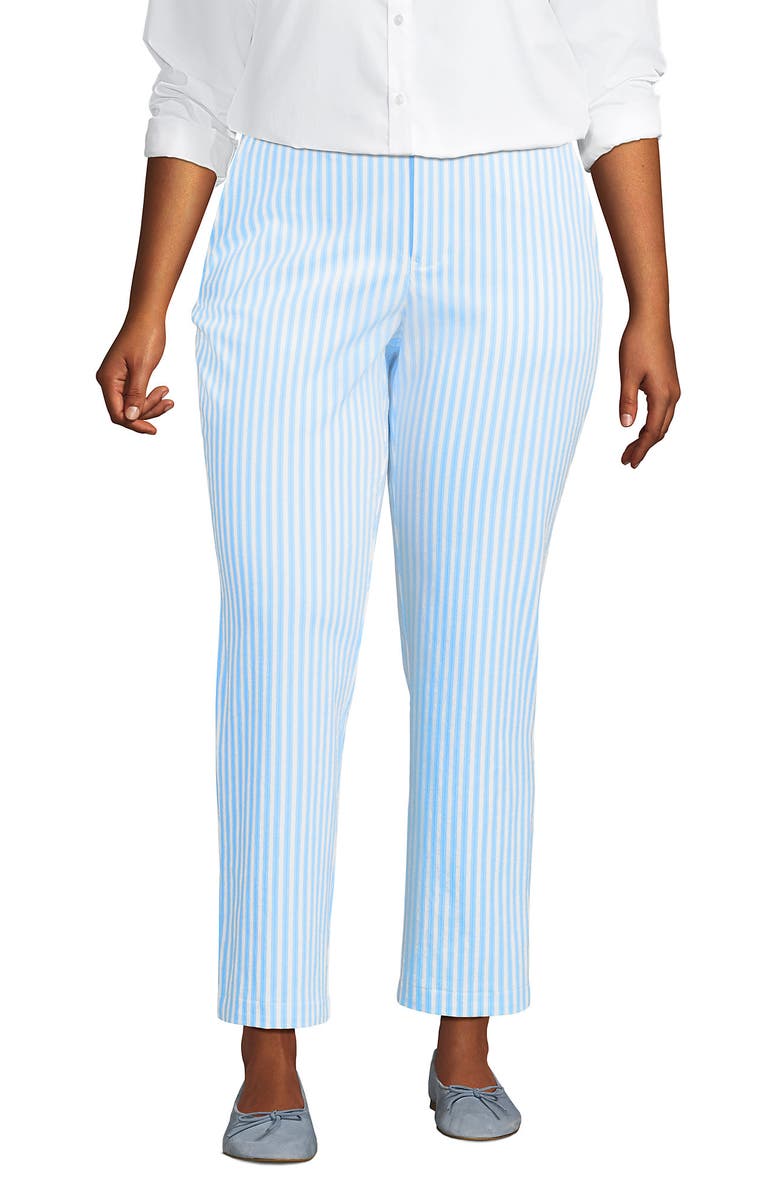 Lands' End Plus Size Mid Rise Classic Straight Leg Chino Ankle Pants, Main, color, White/Blue Awning Stripe
