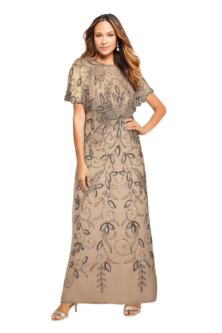 Plus Size Beaded Capelet Maxi Gown Glam Evening Dress, Main, color, SPARKLING CHAMPAGNE