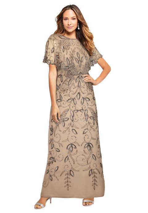 Plus Size Beaded Capelet Maxi Gown Glam Evening Dress (Plus)