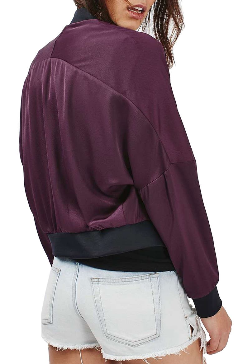 Dolman Sleeve Satin Bomber Jacket, Alternate, color, AUBERGINE