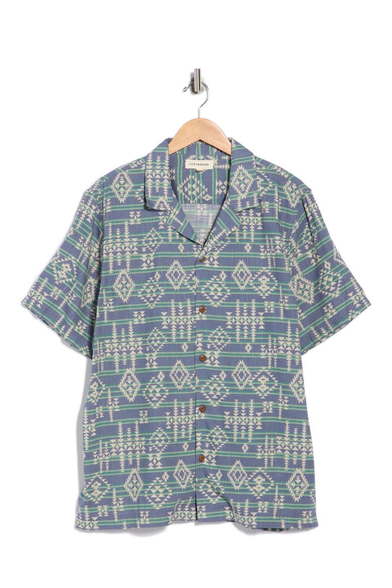 Geometric Stripe Linen Blend Camp Shirt, Alternate, color, GREEN BAY