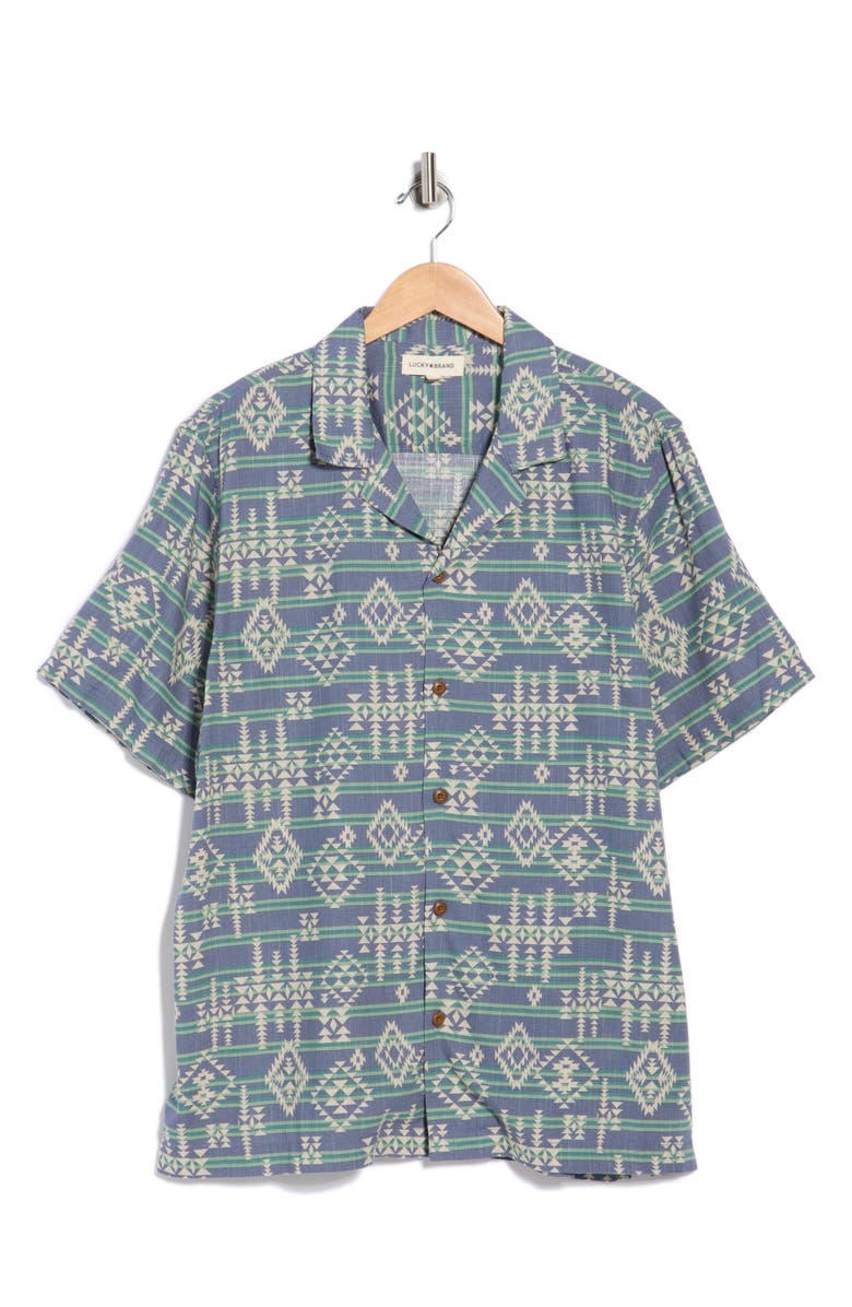 Lucky Brand Geometric Stripe Linen Blend Camp Shirt, Main, color, Green Bay