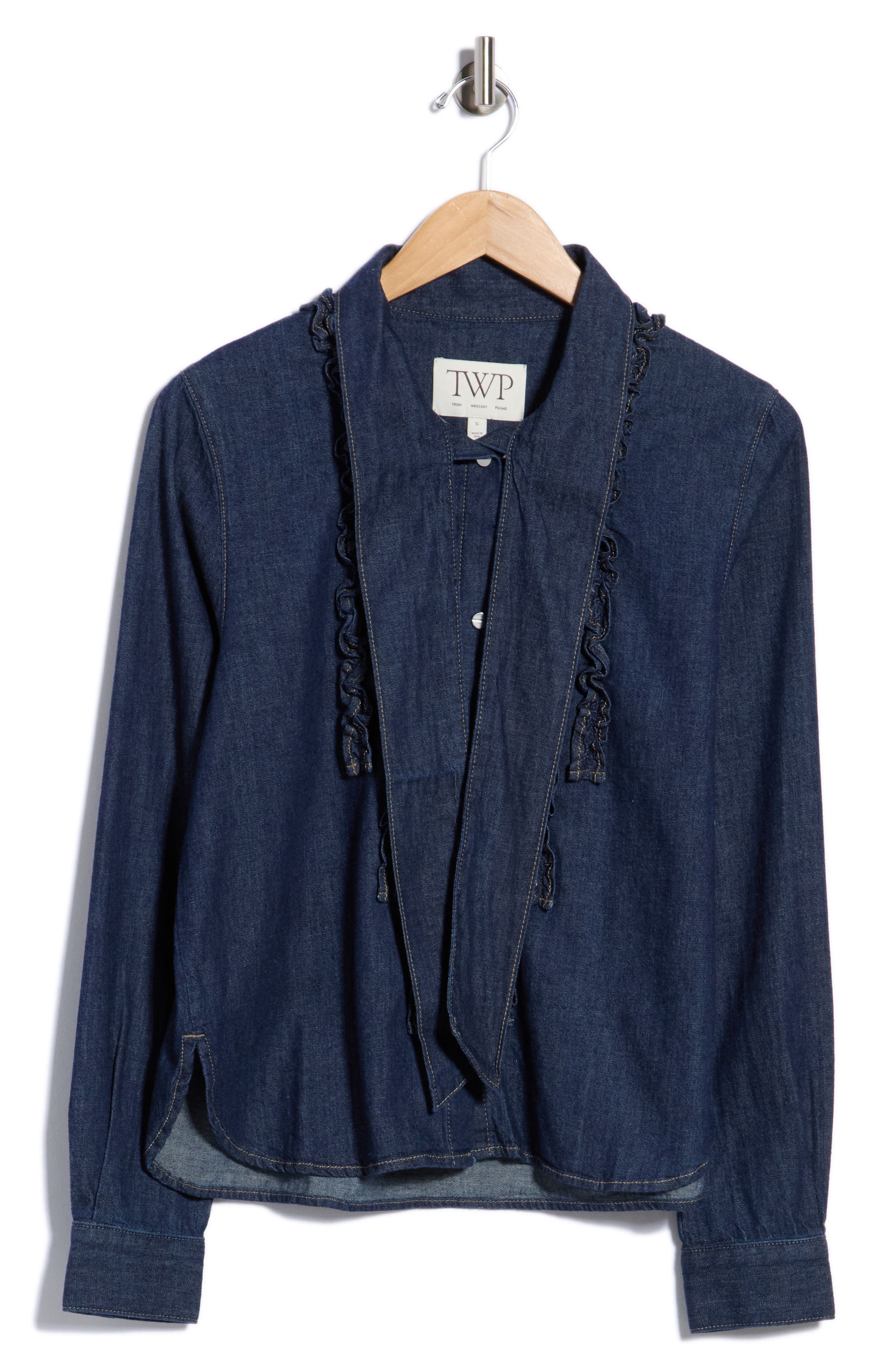 Connor Ruffle Tie Neck Cotton Denim Top