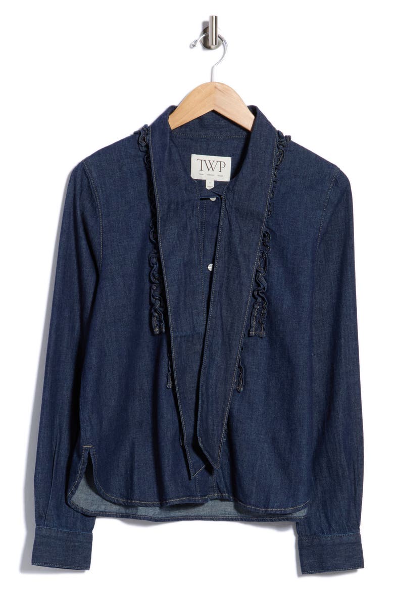 Connor Ruffle Tie Neck Cotton Denim Top, Main, color, INDIGO RESIN