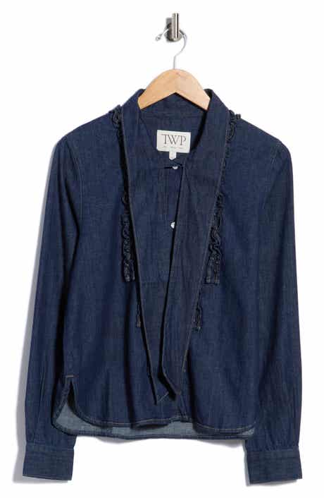 Connor Ruffle Tie Neck Cotton Denim Top