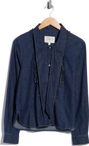TWP Connor Ruffle Tie Neck Cotton Denim Top
