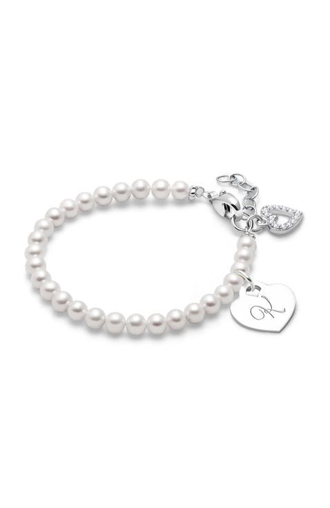 Sterling Silver 4mm Cultured Pearls & Engraved Initial 6.25" Bracelet