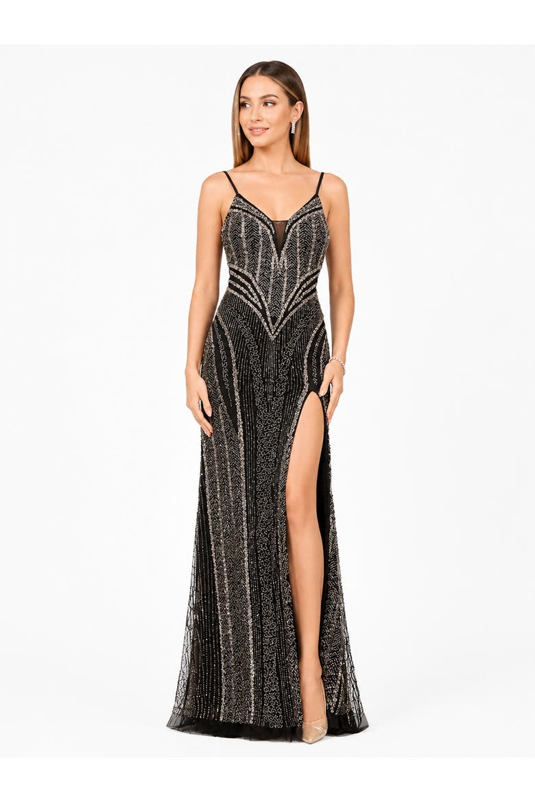 Spaghetti Strap Beaded Gown with Slit, Alternate, color, Black