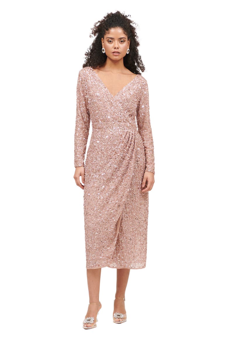 Occasion Embellished Sequin Beaded Maxi Wrap With Sleeves Evening Dress, Main, color, TAUPE BLUSH