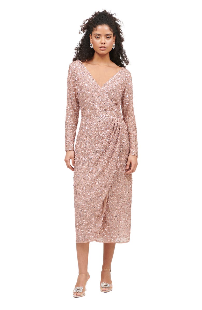 BEAUUT Occasion Embellished Sequin Beaded Maxi Wrap With Sleeves Evening Dress, Main, color, Taupe Blush