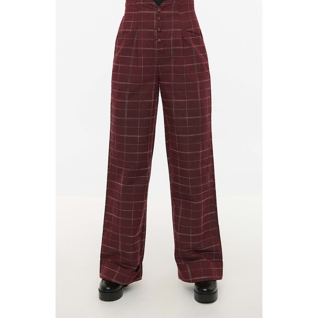 Shop Unique Vintage 1940s Buttoned Wide Leg Trousers In Burgundy Plaid