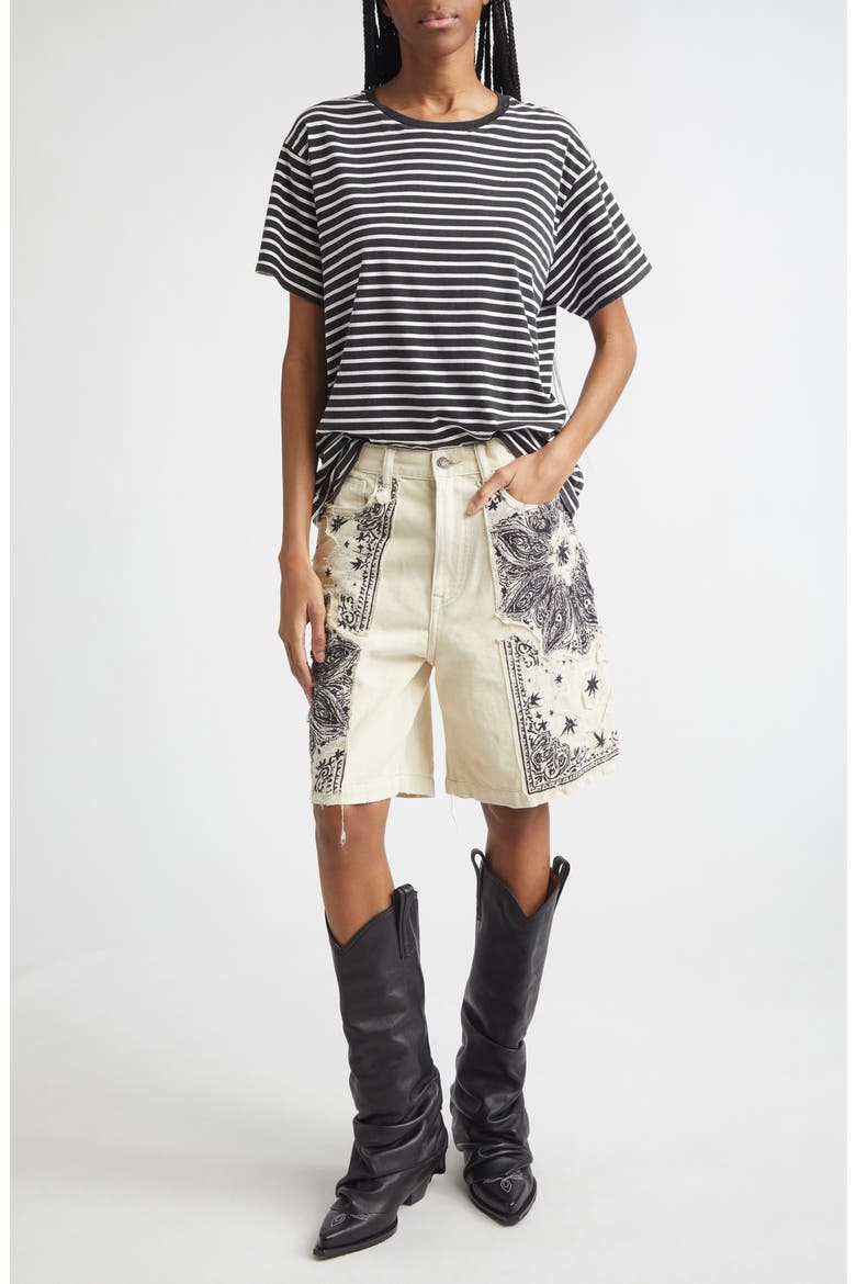 Relaxed Denim Bermuda Shorts, Alternate, color, ECRU BANDANA APPLIQUE