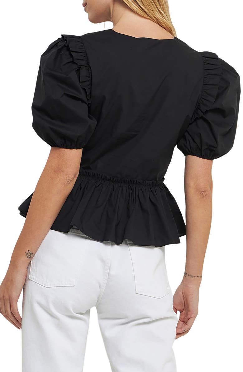 English Factory Puff Sleeve Peplum Cotton Top, Alternate, color, Black
