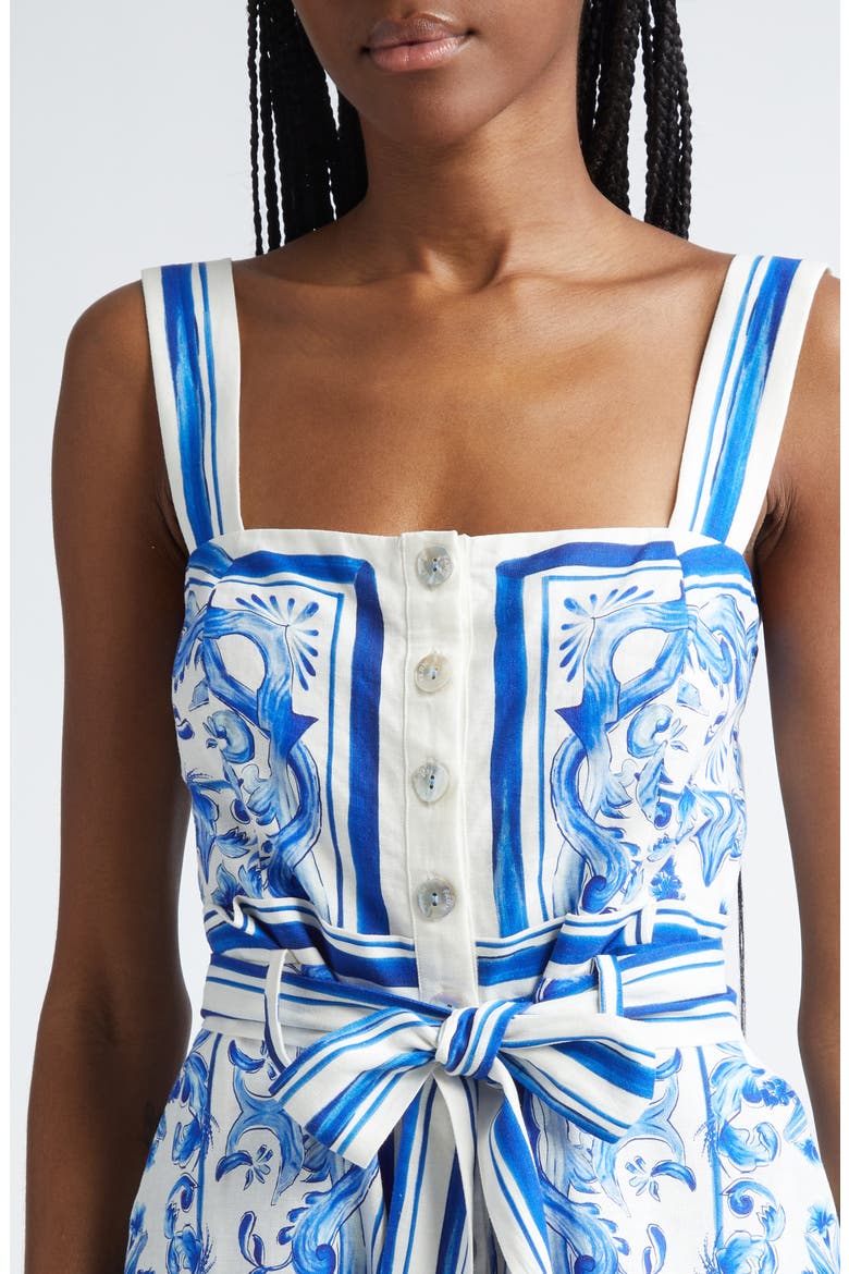 Garden Tiles Tie Belt Button Front Linen Blend Romper, Alternate, color, OFF-WHITE