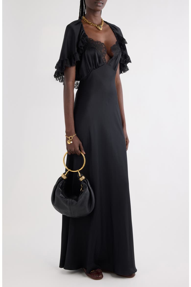 Lace Trim Silk Maxi Dress, Alternate, color, BLACK