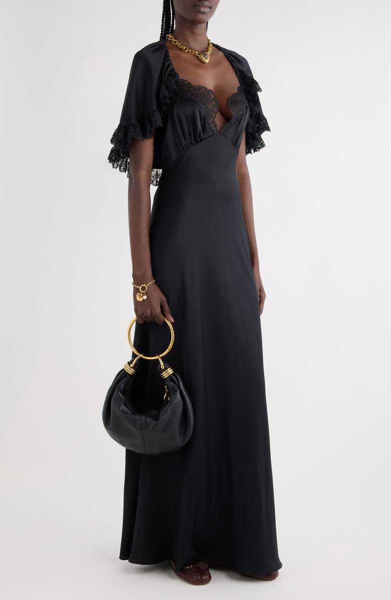 Chloé Lace Trim Silk Maxi Dress, Alternate, color, Black