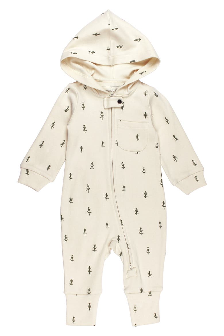 Print Organic Cotton Hooded Romper, Main, color, BUTTERCREAM TREE