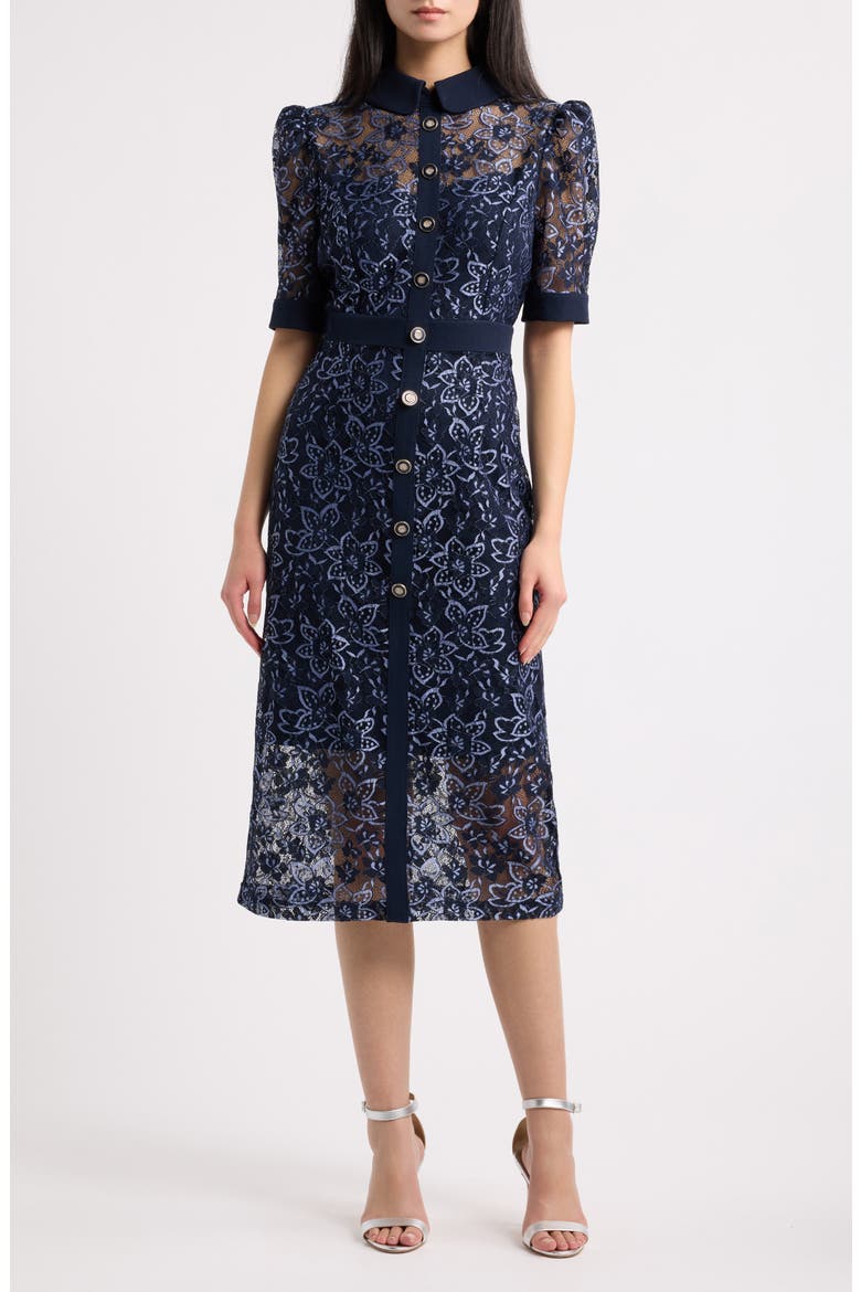 Lace & Crepe Shirtdress, Main, color, NAVY
